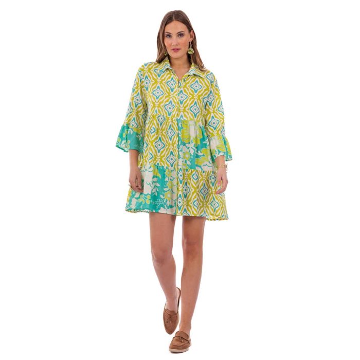 Platinum Φόρεμα Πράσινο Με Floral & Σχέδια Γυναικείο Κοντό Με Κουμπιά Girly Free Size - 12528