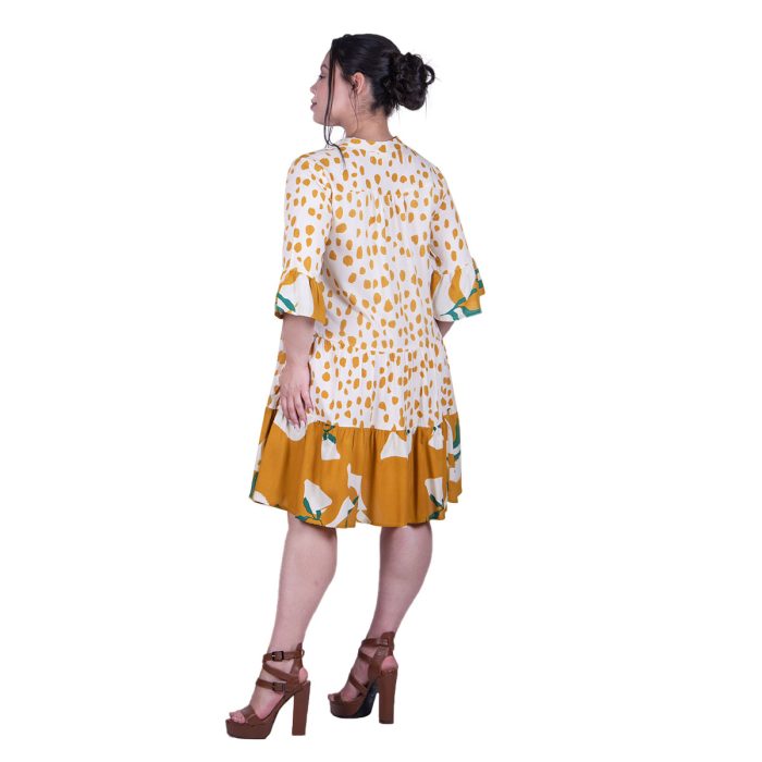 Platinum Φόρεμα Μπεζ Με Πουά Ώχρα & Tropical Σχέδια Γυναικεία Κοντό Free Size - 22426-FS - Image 3