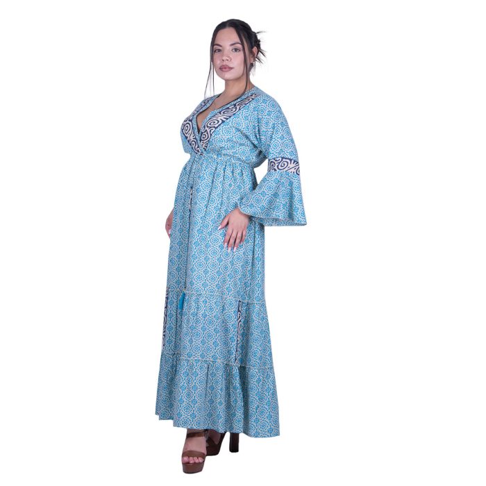 Platinum Φόρεμα Γαλάζιο - Μπεζ Με Boho Σχέδια Γυναικείο Μακρύ Βαμβακερό Free Size - 424142-B - Image 3