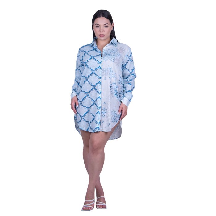 Platinum Πουκάμισο Γαλάζιο Γυναικείο Boho Print Μακρυμάνικο All Day Free Size - 42452-25