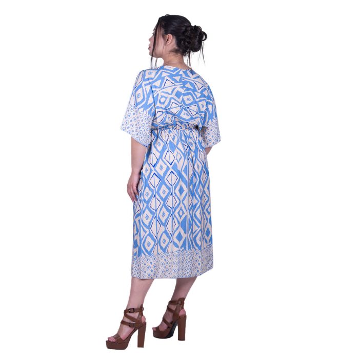 Gomore Φόρεμα Γαλάζιο Με Εκρού Σχέδια Γυναικείο Midi Εβαζέ Τρουακαρ Καθημερινό - 52682-B - Image 3