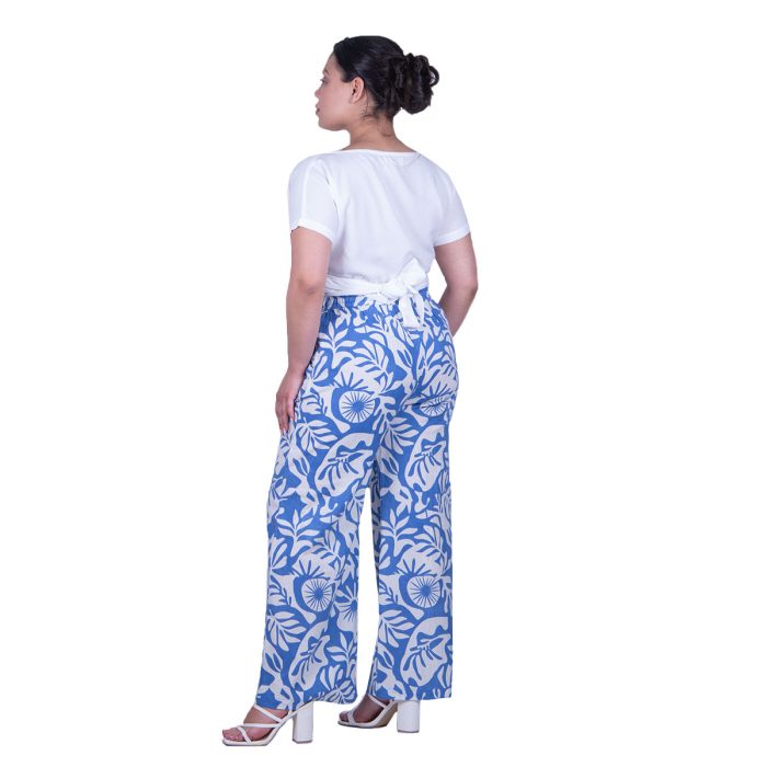 Platinum Παντελόνα Γαλάζια Με Λευκά Floral Γυναικεία Αέρινη & Λάστιχο All Day Free Size - 72512-B - Image 3