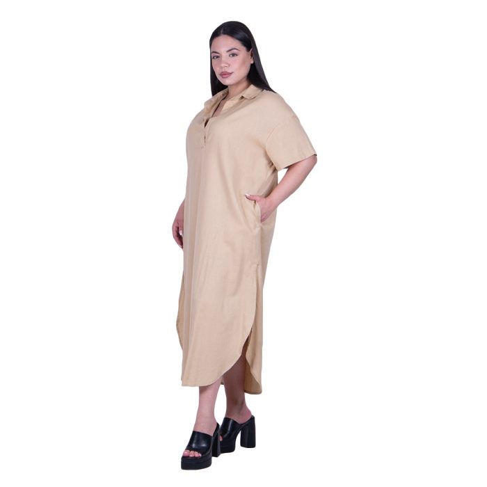 Platinum Φόρεμα - Καφτάνι Μπεζ Γυναικείο Κοντομάνικο Midi Φαρδύ Βαμβακολινό Free Size - 72525-ZBZ - Image 3