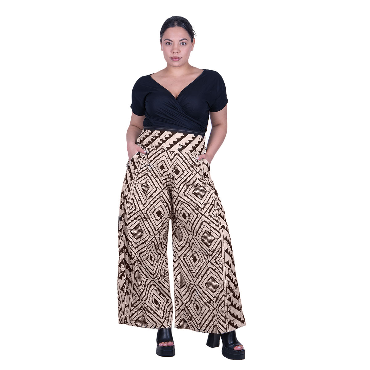72550-71 Platinum Παντελόνα Εκρού Με Μαύρα Boho Σχέδια Γυναικεία Αέρινη Με Λάστιχο All Day Free Size - 72550-71 - Image 1