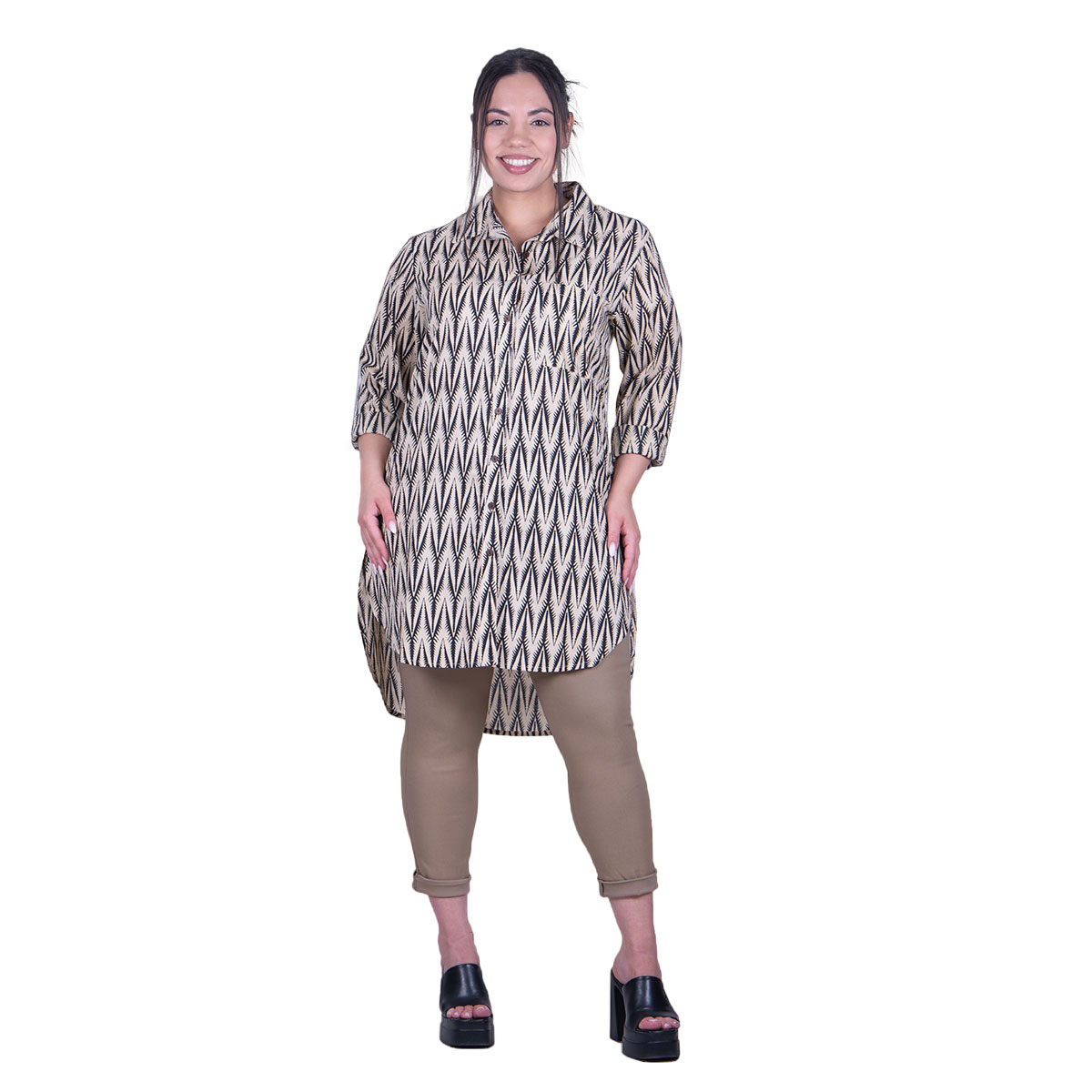 72551-72 Platinum Πουκαμίσα Εκρού - Μαύρο Γυναικεία Με Γιακά Και Κουμπιά Μακρυμάνικη Free Size - 72551-72 - Image 1