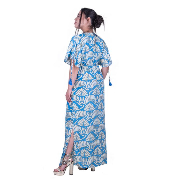 Platinum Φόρεμα - Καφτάνι Τυρκουάζ Με Εκρού Γυναικείο Ζαπονέ Με Ζώνη Free Size - 82548-82DZ - Image 3