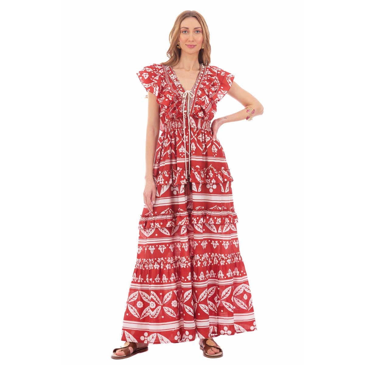 Platinum Φόρεμα Κεραμιδί Με Λευκά Boho Σχέδια Γυναικείο Μακρύ Αμάνικο Klos Με Βολάν All Day Free Size - 92412-TR