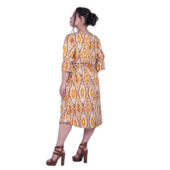 Gomore Φόρεμα Ώχρα Με Εμπριμέ Γυναικείο Midi Εβαζέ Με Ζώνη Τρουακαρ All Day - GM-52671-C - Image 3