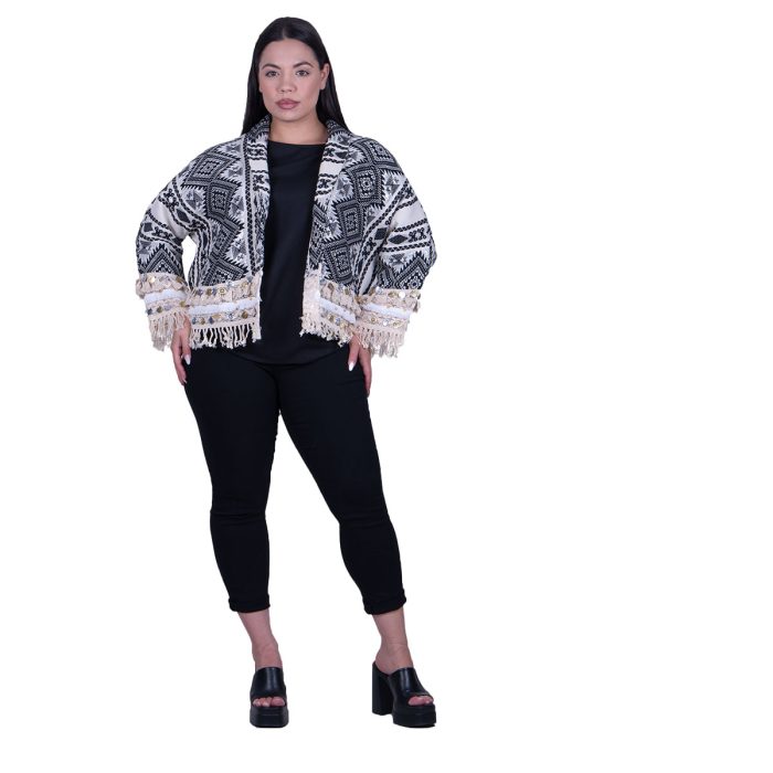 Platinum Σακάκι Εκρού Γυναικείο Casual Κοντό Με Μαύρα Ζακάρ Σχέδιο Free Size - NA-10-JBC - Image 3