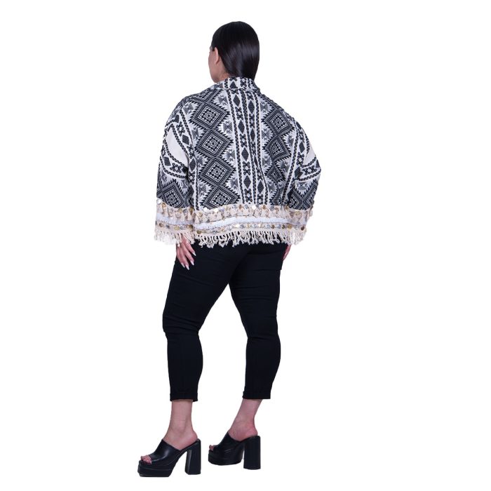 Platinum Σακάκι Εκρού Γυναικείο Casual Κοντό Με Μαύρα Ζακάρ Σχέδιο Free Size - NA-10-JBC - Image 4