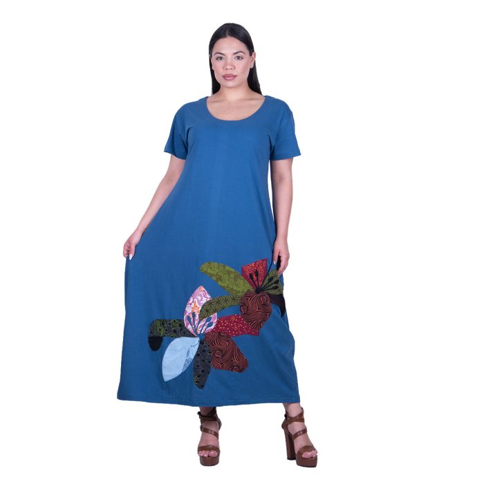 Platinum Φόρεμα Μπλε Ρουά Γυναικείο Απλικέ Μακρύ ''Λουλούδια Patchwork'' All Day - S-106-BL - Image 3