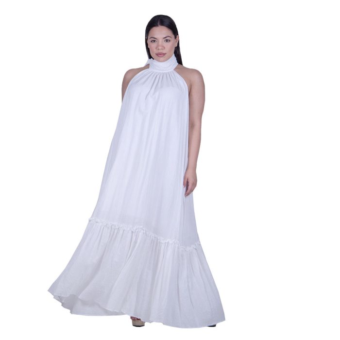 Platinum Φόρεμα Λευκό Γυναικείο Με Παρτούς Ώμους Δέσιμο Στο Λαιμό Χυτό Μaxi Ρομαντικό Free Size - SAR-62402-WD - Image 4