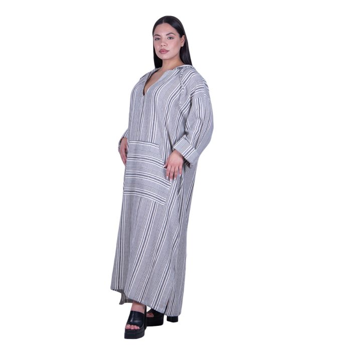 Platinum Φόρεμα - Καφτάνι Γκρι Με Λευκό Ριγέ Γυναικείο Mακρύ Casual Με Κουκούλα Free Size - 12-MG - Image 3