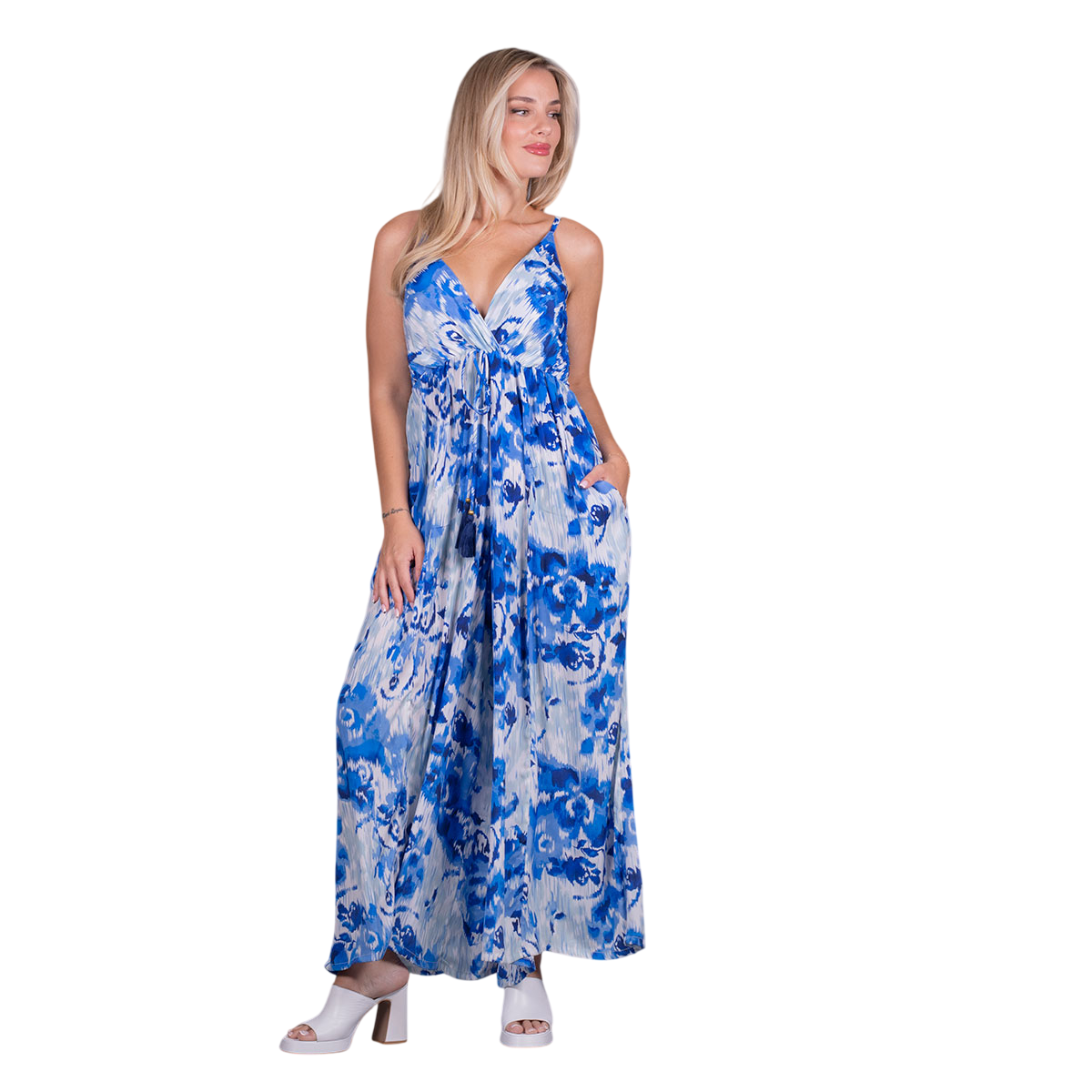 Platinum Ολόσωμη Φόρμα Μπλε Floral Γυναικεία Τιραντέ Εξώπλατη - BAN-42386