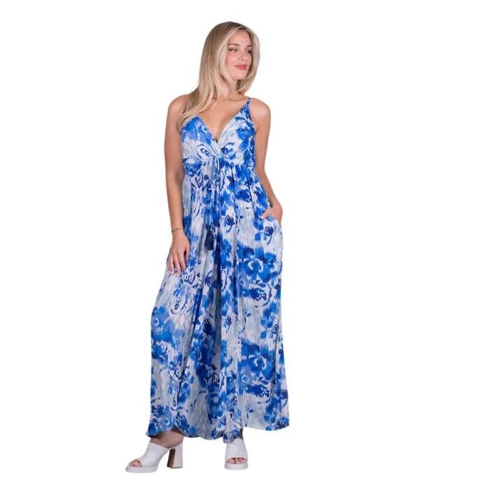 Platinum Ολόσωμη Φόρμα Μπλε Floral Γυναικεία Τιραντέ Εξώπλατη - BAN-42386