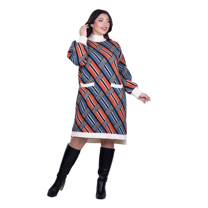 Platinum Φόρεμα Μπλε - Εκάι Γυναικείο Με Σχέδια Πλεκτό Midi Casual All Day Free Size - 228-42-FS