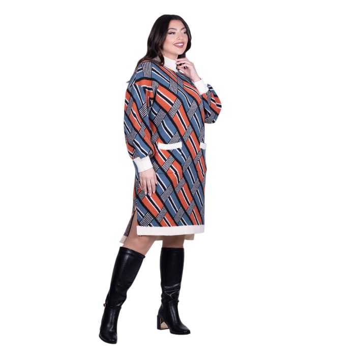 Platinum Φόρεμα Μπλε - Εκάι Γυναικείο Με Σχέδια Πλεκτό Midi Casual All Day Free Size - 228-42-FS - Image 3