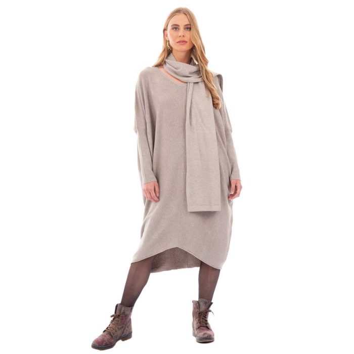 Platinum Φόρεμα Μόκα Γυναικείο Casual Φαρδύ Midi Σετ Με Κασκόλ All Day Free Size - 036-42-BG