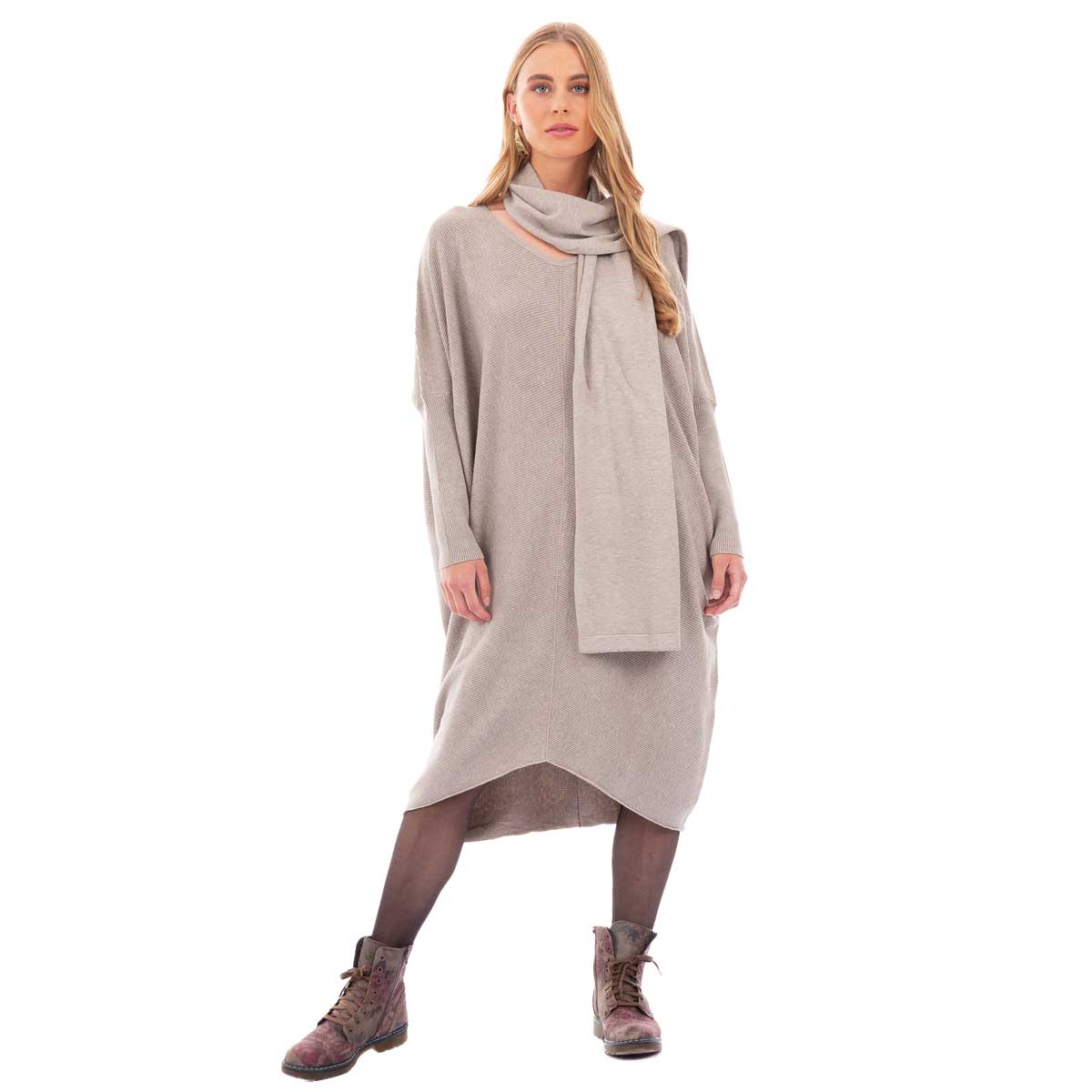 036-42-BG Platinum Φόρεμα Μόκα Γυναικείο Casual Φαρδύ Midi Σετ Με Κασκόλ All Day Free Size - 036-42-BG - Image 1