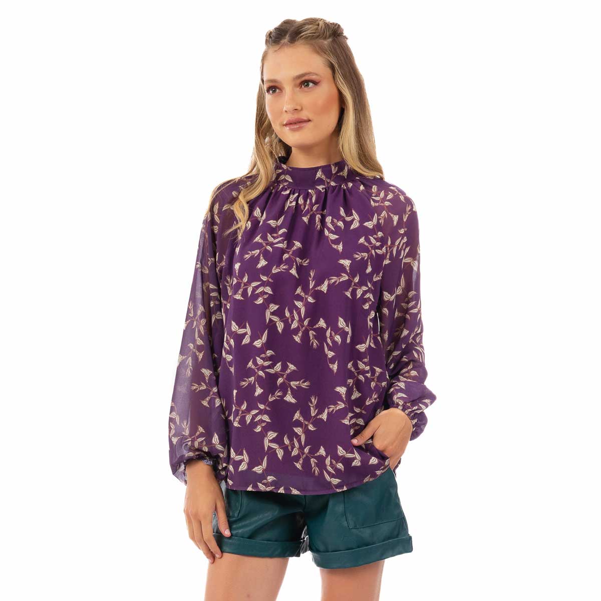 183-GU-V Platinum Μπλούζα Δαμασκηνί Με Εκρού Λουλούδια Μακρυμάνικη Γυναικεία All Day Free Size - IT-183-GU - Image 1