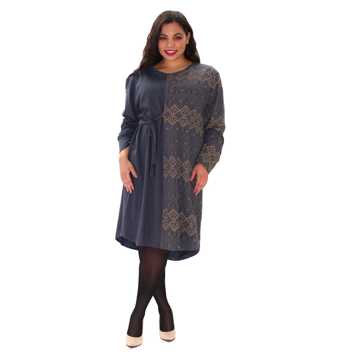 2044-GR Platinum Φόρεμα Γκρι Γυναικείο Με Εκρού Γεωμετρικά" All Day Free Size - 2044-GR - Image 1