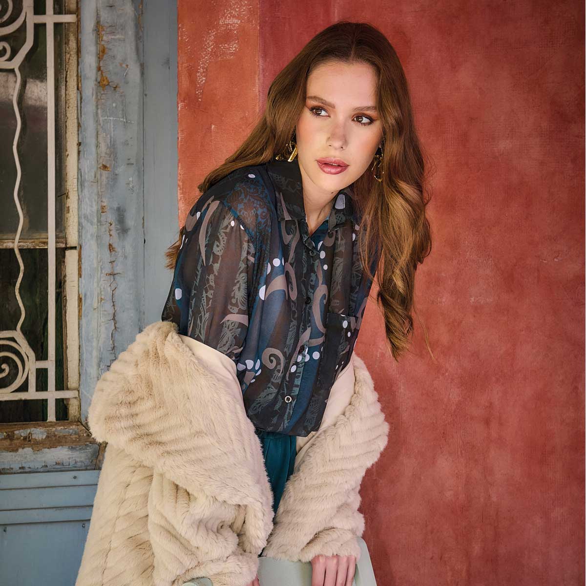 235-gun1 Platinum Πουκαμίσα Πετρολ Γυναικεία Με Εμπριμέ Σχέδιο Mακρυμάνικη Μακριά All Day Free Size - 253-GU-RL - Image 1