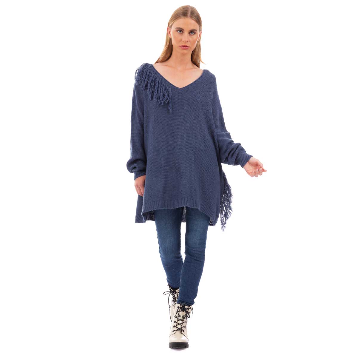 24143-BL Platinum Μπλουζοφόρεμα Μπλε - Ραφ Γυναικείο Πλεκτό Φαρδύ Με Ντεκολτέ & Κρόσσια Casual Free Size - 24143-BL - Image 1