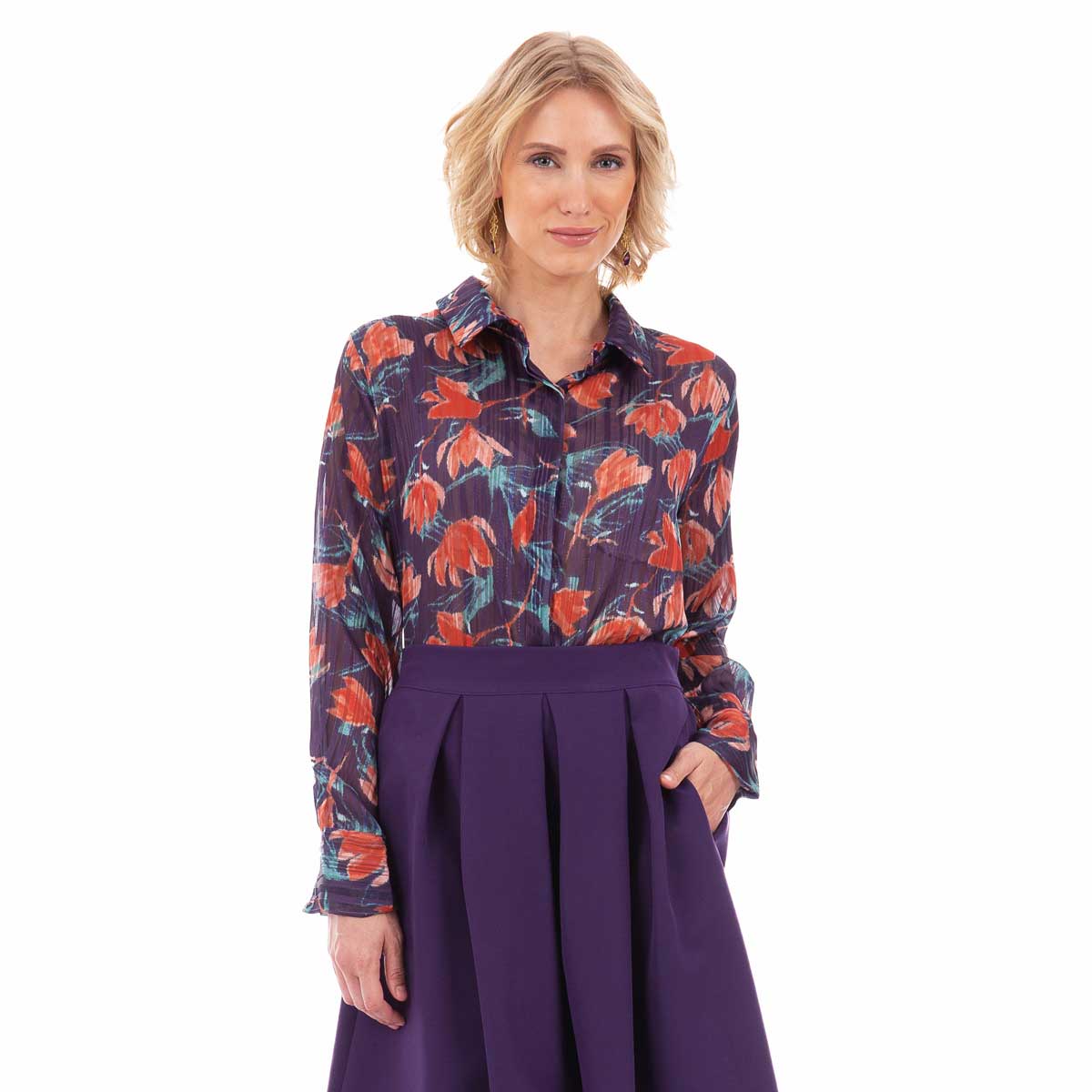 250-GU-V Platinum Πουκάμισο Μωβ Με Χρωματιστά Floral Γυναικείο Mακρυμάνικο All Day Free Size - 250-GU-V - Image 1