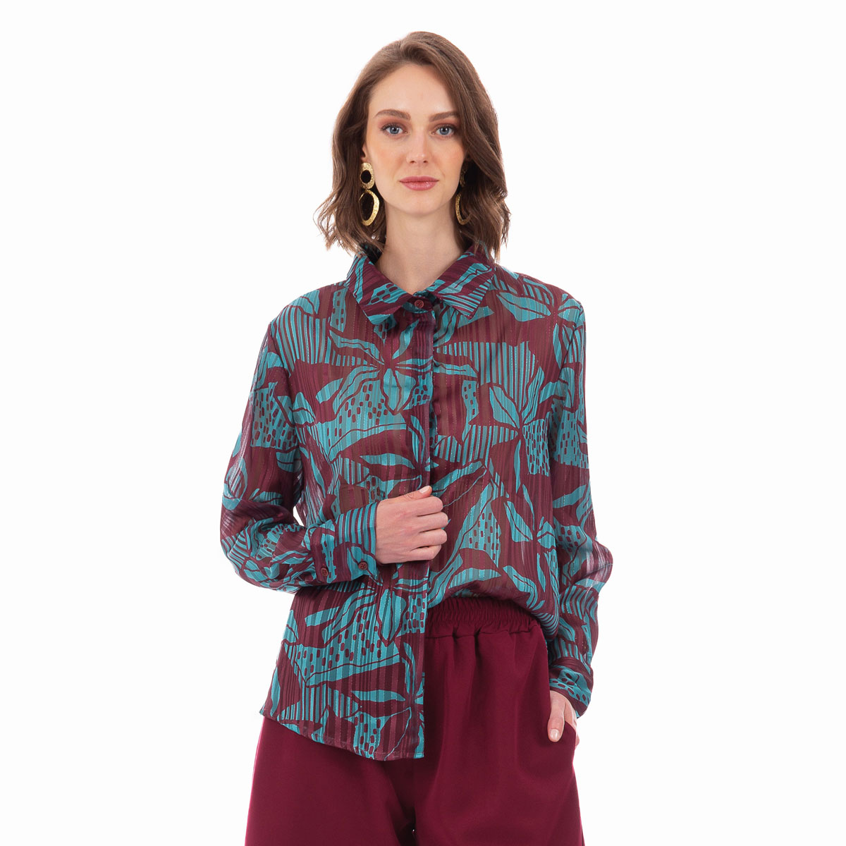 251-GU-BR Platinum Πουκάμισο Μπορντό Με Τυρκουάζ Άνθη Γυναικείο Mακρυμάνικο All Day Free Size - 251-GU - Image 1
