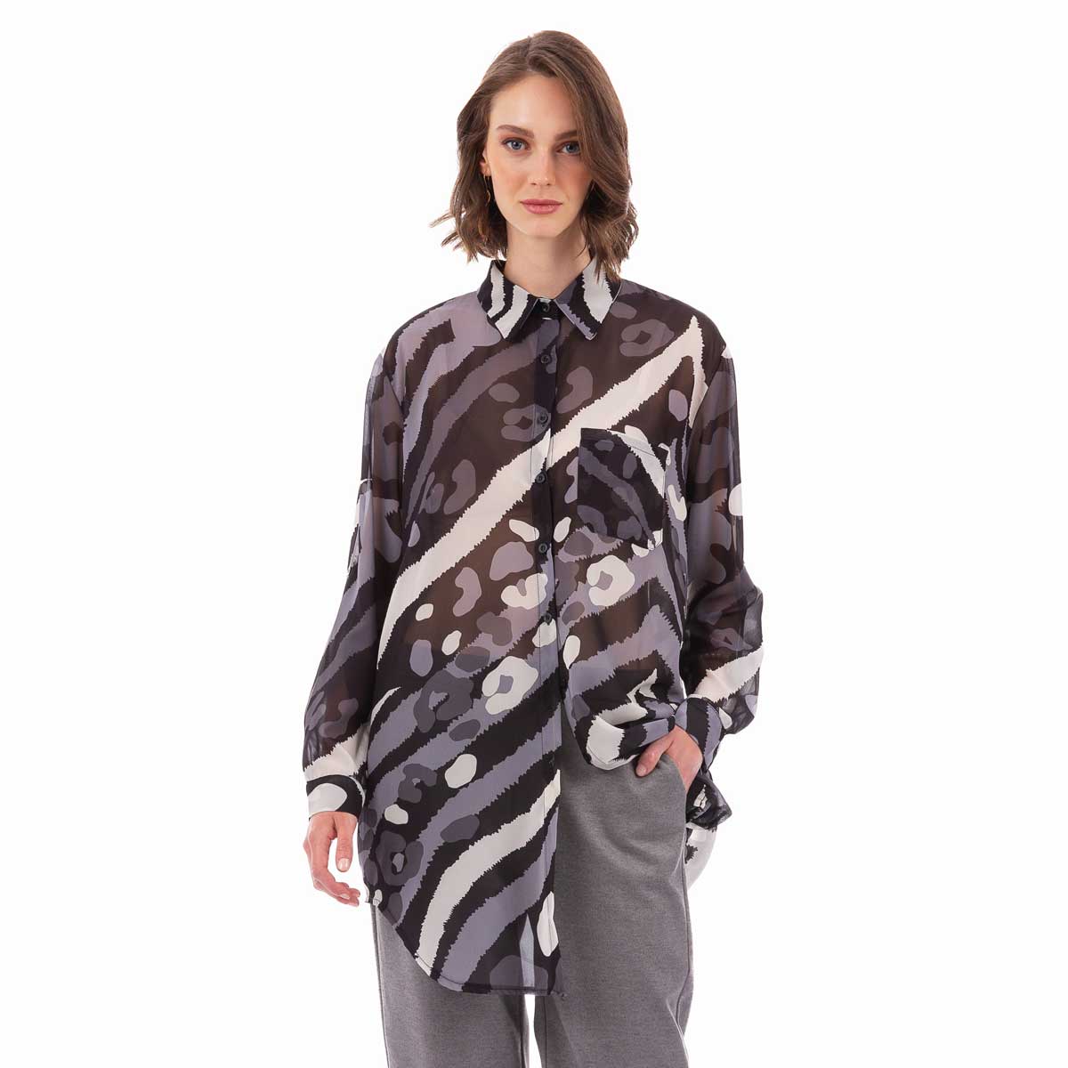 252-GU-BC Platinum Πουκάμισο Ασπρόμαυρο Γυναικείο Με Εμπριμέ Σχέδιο Mακρυμάνικο Μακρύ All Day Free Size - 252-GU-BC - Image 1