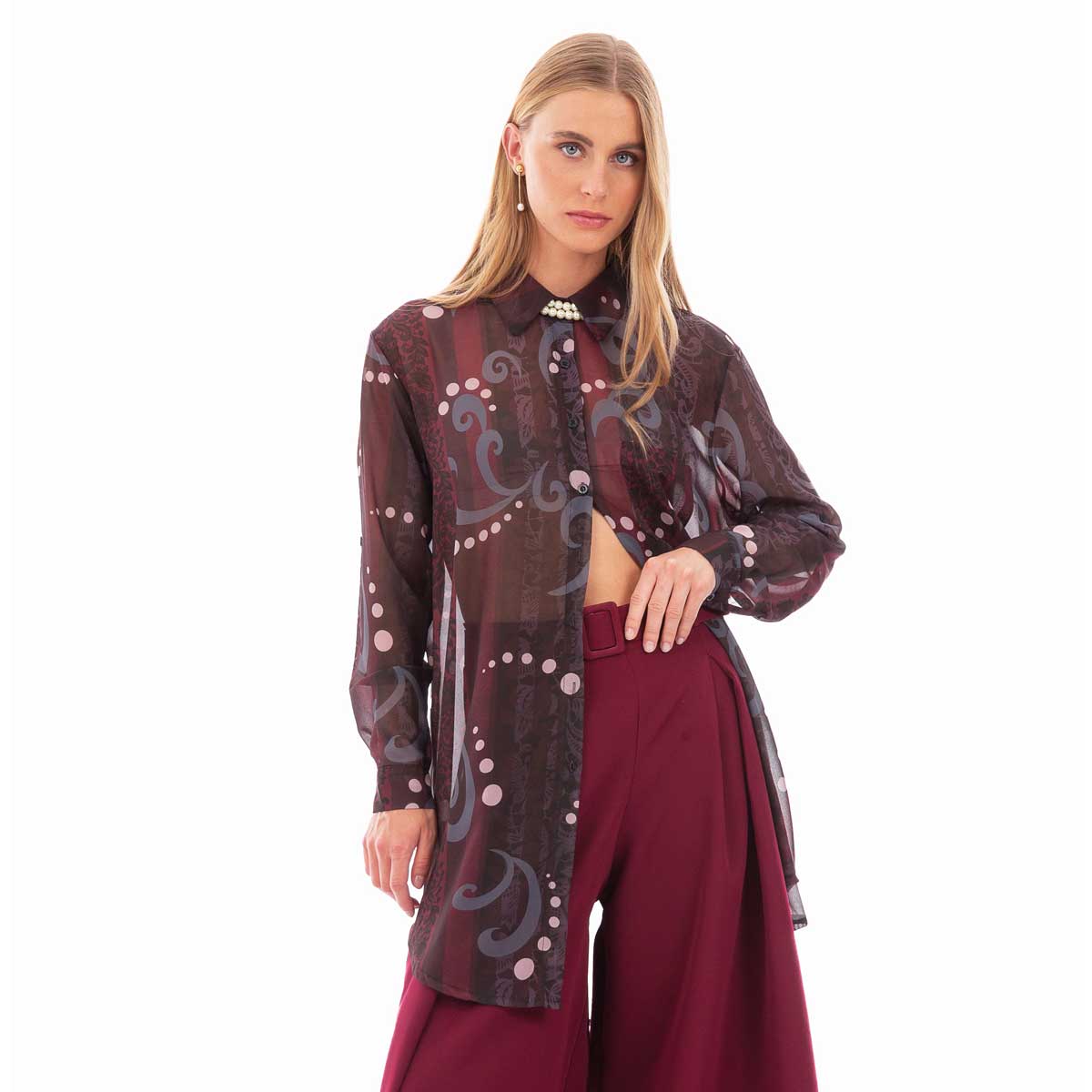 253-GU Platinum Πουκαμίσα Μπορντό Γυναικεία Με Εμπριμέ Σχέδιο Mακρυμάνικη Μακριά All Day Free Size - 253-GU - Image 1