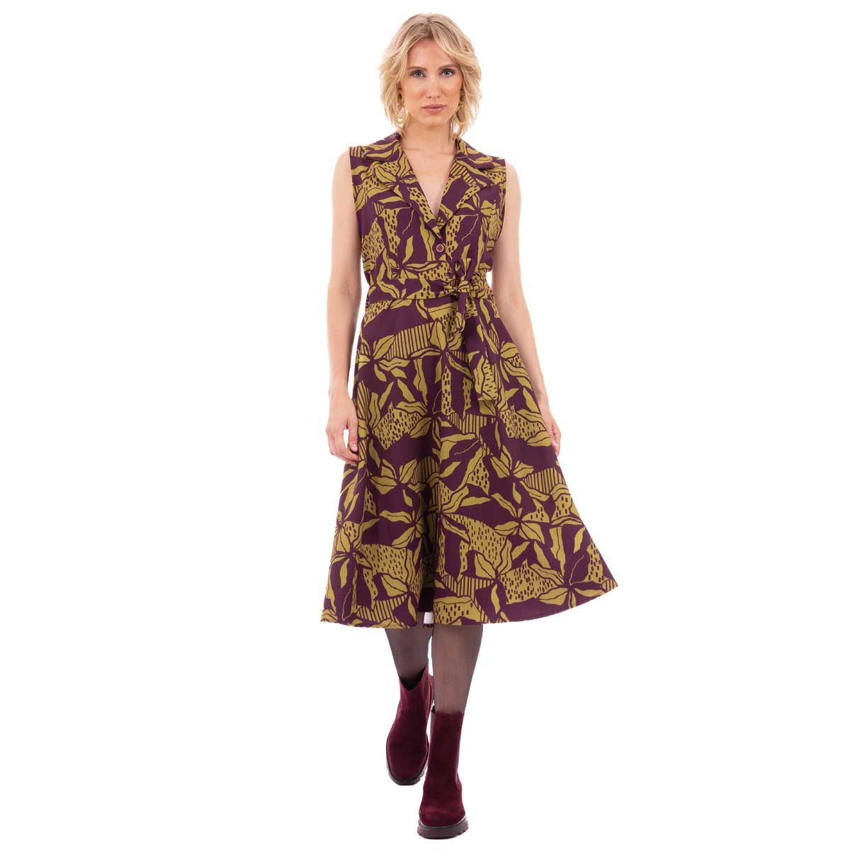 260-GU Platinum Φόρεμα Μωβ Με Μουσταρδί Floral Σχέδιο Γυναικείο Αμάνικο Midi Εβαζέ All Day - 260-GU-V - Image 1