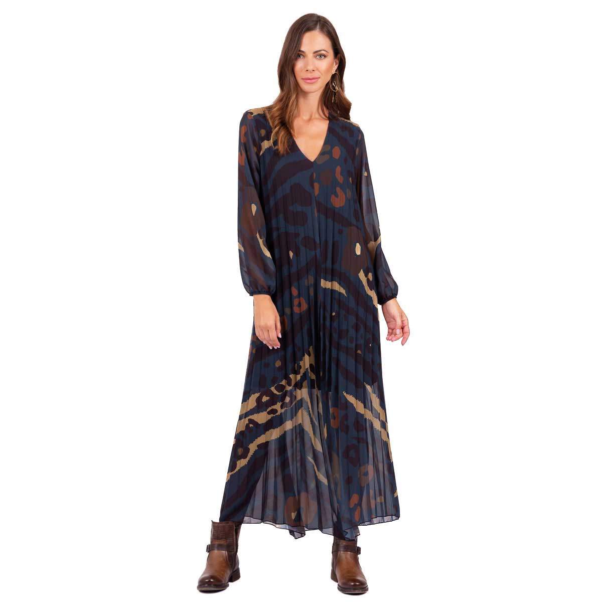 261-GU Platinum Φόρεμα Πετρολ Με Animal Print Σχέδιο Γυναικείο Πλισέ Ριχτό All Day Free Size - 261-GU - Image 1