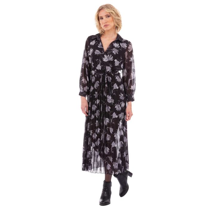 Platinum Φόρεμα Μαύρο Floral Γυναικείο Πλισέ Κρουαζέ Midi Μεσάτο Με Ζώνη All Day Free Size - 263-GU-BC