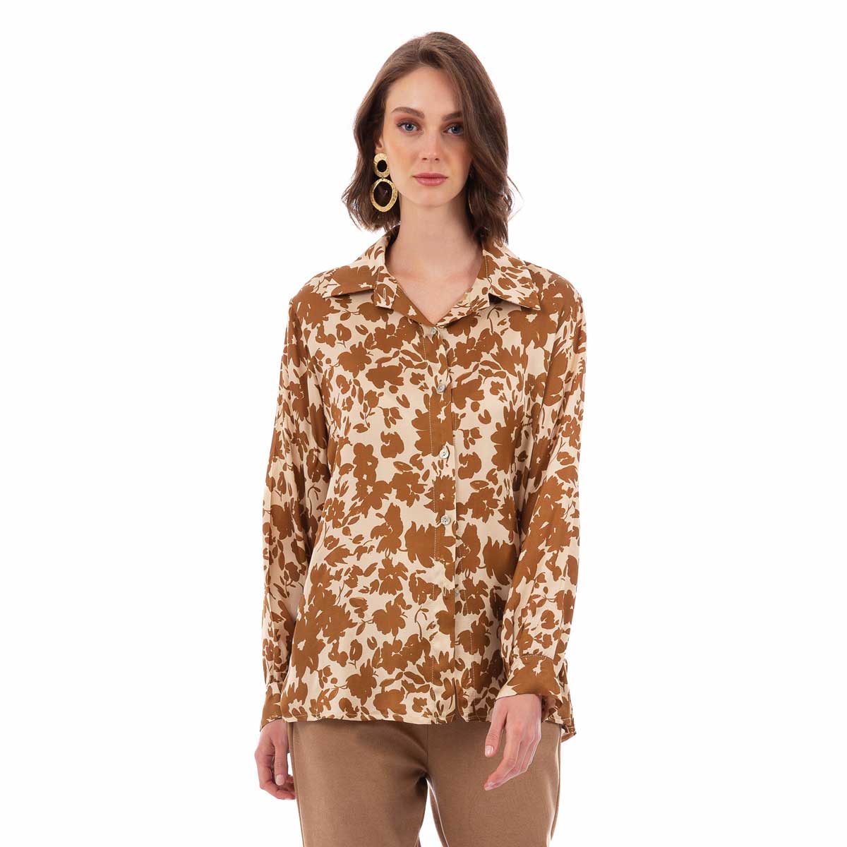 5268-6 Platinum Πουκάμισο Μπεζ Με Ταμπά Floral Print Σχέδιο Γυναικείο Mακρυμάνικο All Day Free Size - 5268-6 - Image 1