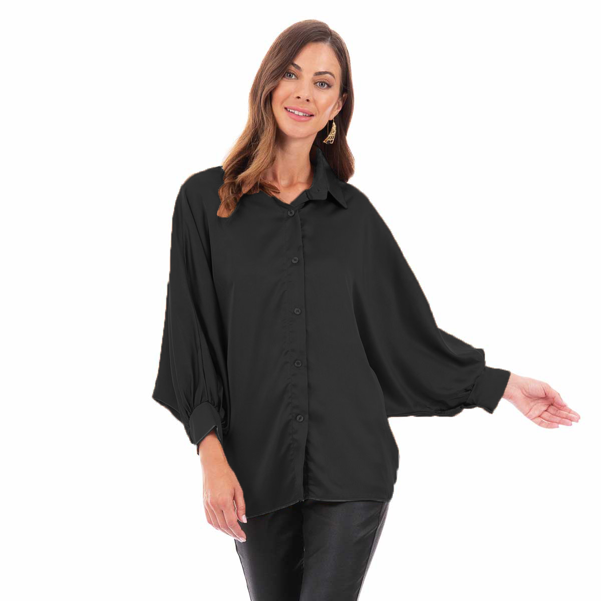 5337-42-BC Platinum Πουκάμισο Μαύρο Γυναικείο Σατινέ Μακρύ Με Γιακά All Day Free Size - 5337-42-BC - Image 1