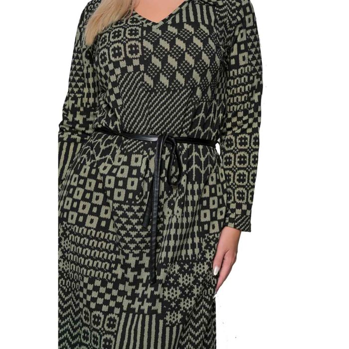 Gomore Φόρεμα Χακί - Μαύρο Γυναικείο Με Σχέδια Γιακά Μidi Ίσια Γραμμή & Ζώνη - GM-56766-GR - Image 6