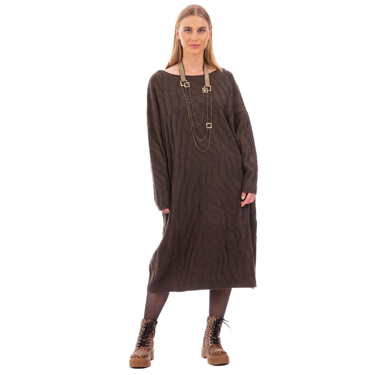8595-BR Platinum Φόρεμα Καφέ Γυναικείο Πλεκτό Με Ανάγλυφα Σχέδια Casual Εβαζέ Midi All Day Free Size - IT-8595-BR - Image 1