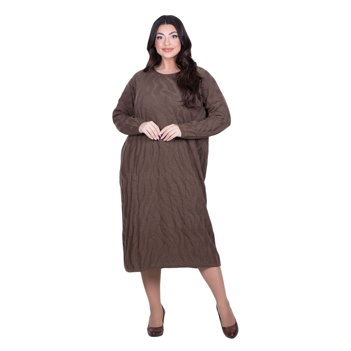 8595-BRna Platinum Φόρεμα Καφέ Γυναικείο Πλεκτό Με Ανάγλυφα Σχέδια Casual Εβαζέ Midi All Day Free Size - 8595-BR - Image 1