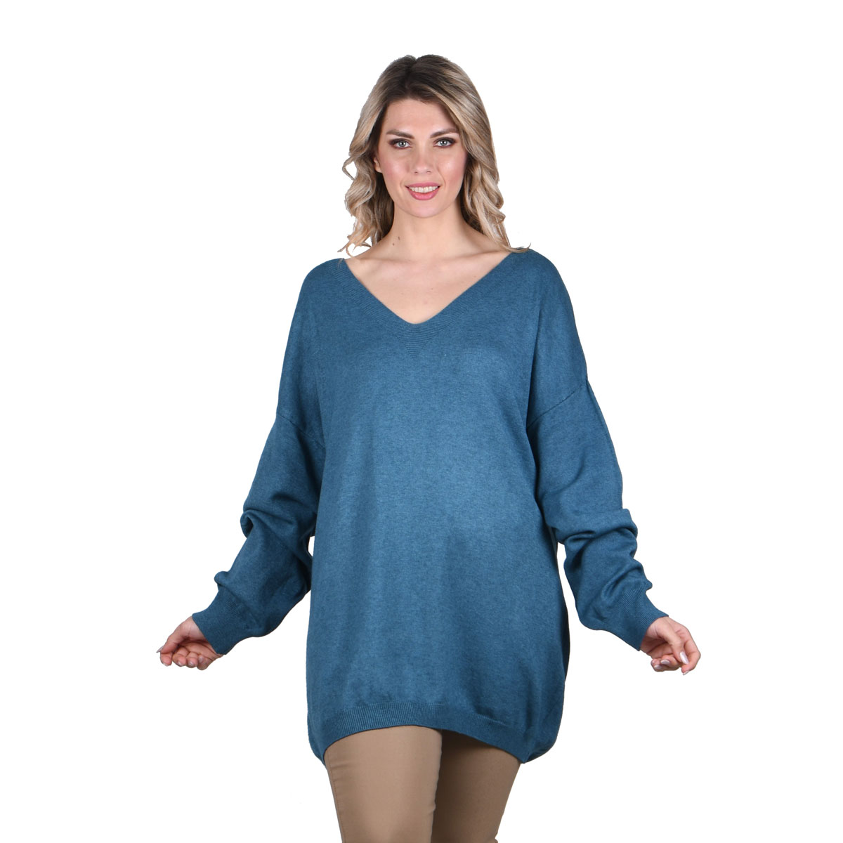 IT-22036-PRn Platinum Μπλούζα Πετρολ Γυναικεία Πλεκτή Φαρδιά Με Ντεκολτέ Casual All Day Free Size - IT-22036-PR - Image 1