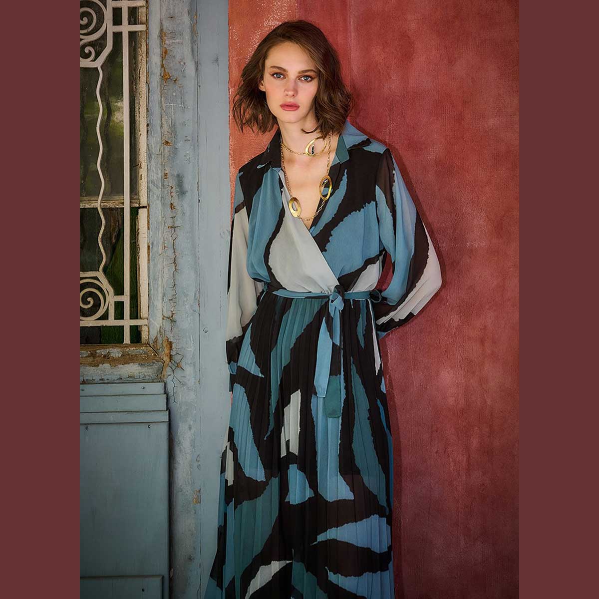 IT-264-GU-BLb Platinum Φόρεμα Ραφ - Μαύρο Γυναικείο Πλισέ Κρουαζέ Midi Μεσάτο Με Ζώνη All Day Free Size - 264-GU-BL - Image 1