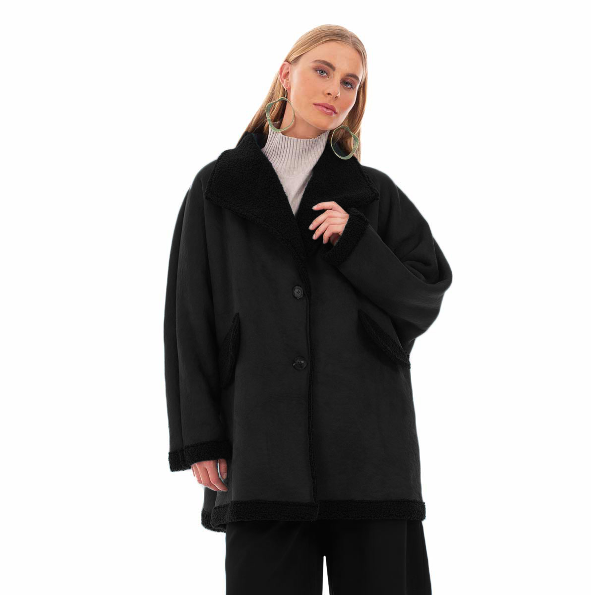 06079-bc Platinum Γυναικείο Μαύρο Ημίπαλτο Μουτόν Γυναικείο Με Γούνα Casual All Day Free Size - IT-06079-BC - Image 1