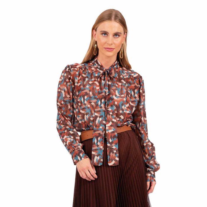 Platinum Πουκάμισο Καφέ Γυναικείο Με Γεωμετρικά Χρωματιστά Σχέδια Mακρυμάνικο All Day Free Size - 1322