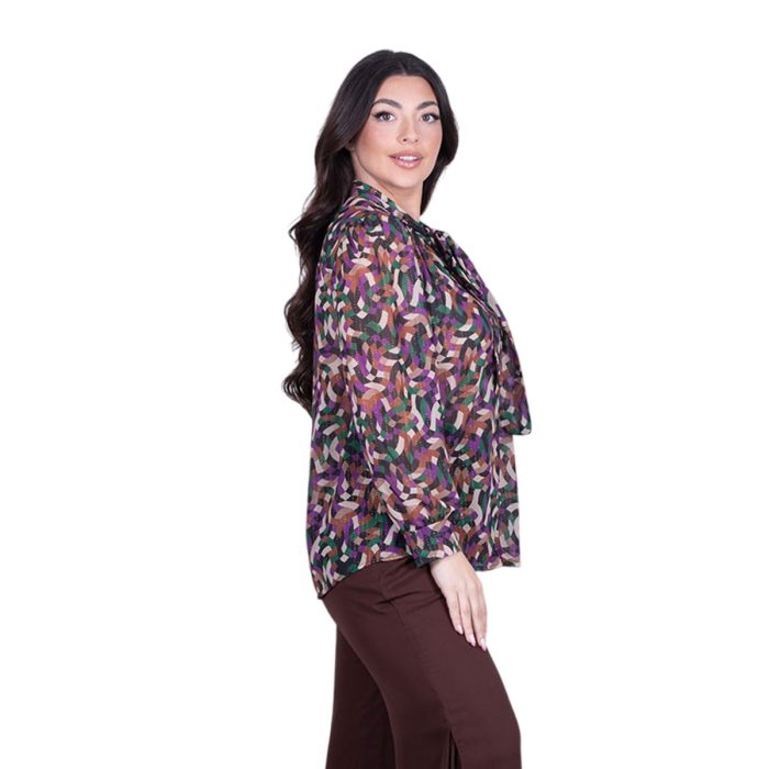 Platinum Πουκάμισο Καφέ Με Μωβ Γεωμετρικά Σχέδια Γυναικείο Mακρυμάνικο All Day Free Size - 1322-V - Image 3