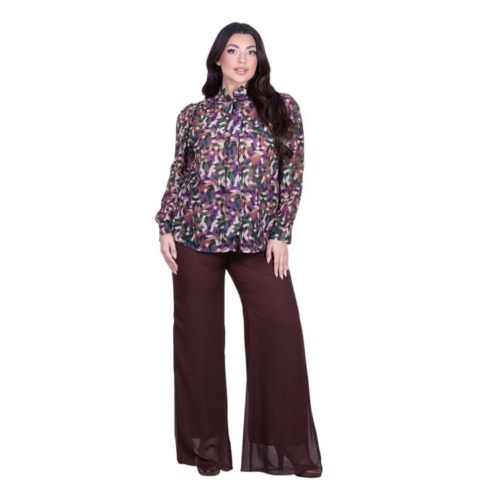 Platinum Πουκάμισο Καφέ Με Μωβ Γεωμετρικά Σχέδια Γυναικείο Mακρυμάνικο All Day Free Size - 1322-V - Image 5