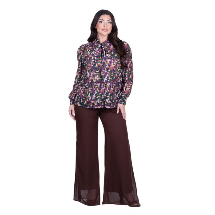 Platinum Πουκάμισο Καφέ Με Μωβ Γεωμετρικά Σχέδια Γυναικείο Mακρυμάνικο All Day Free Size - 1322-V - Image 7