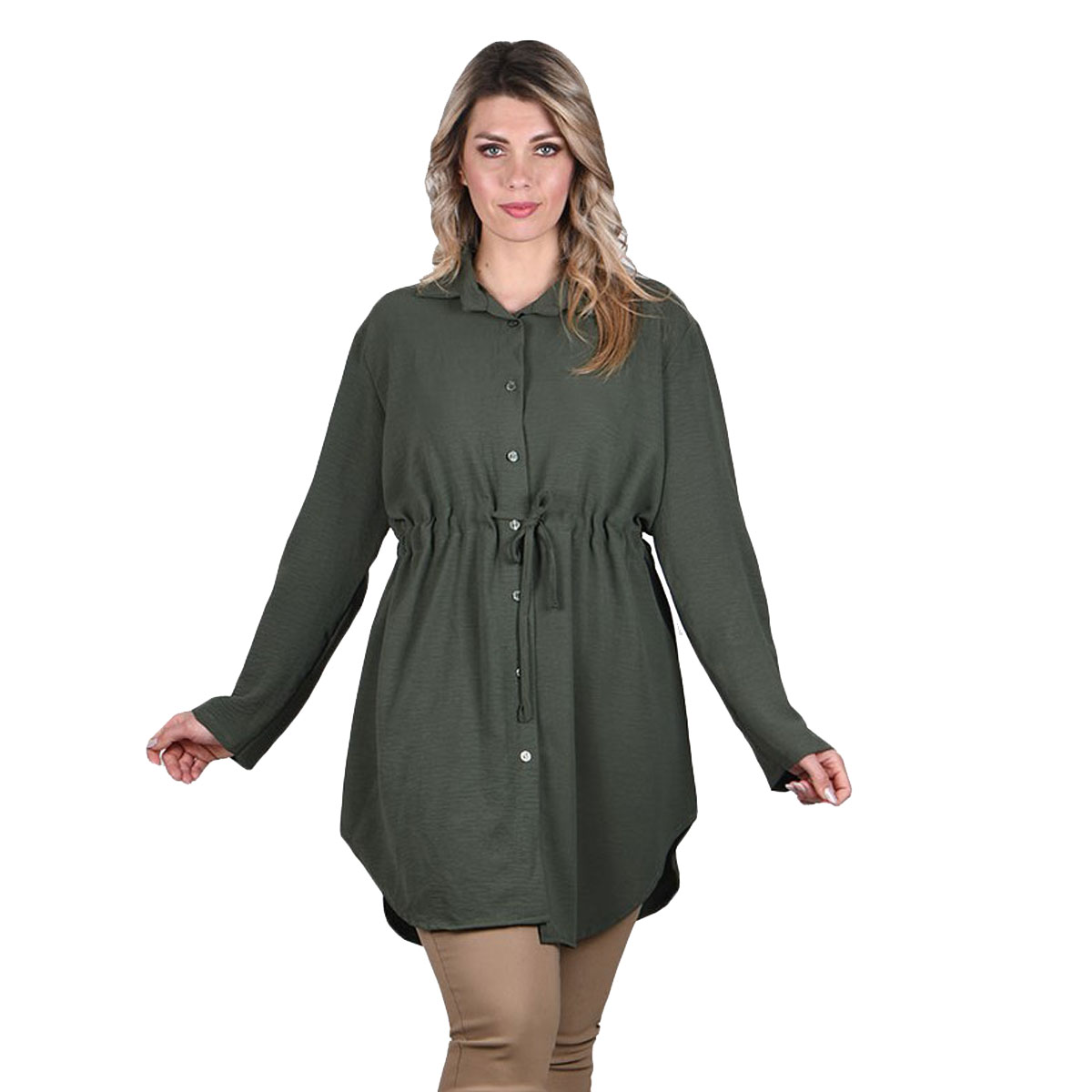 1363-GRnw Platinum Πουκαμίσα Χακί Γυναικεία Σεμιζιέ Με Κουμπιά Και Ζώνη All Day Free Size -1363-GR - Image 1