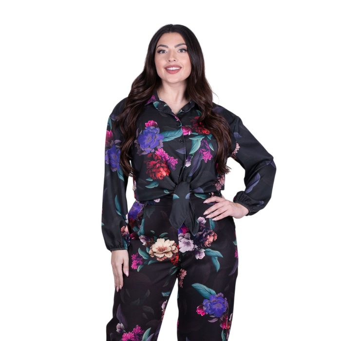 Platinum Πουκάμισο Μαύρο Με Πολύχρωμα Floral Γυναικείο Mακρυμάνικο Δετό All Day Free Size - 172-GU - Image 4