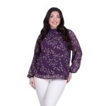 Platinum Μπλούζα Δαμασκηνί Με Εκρού Λουλούδια Μακρυμάνικη Γυναικεία All Day Free Size - 183-GU - Image 2