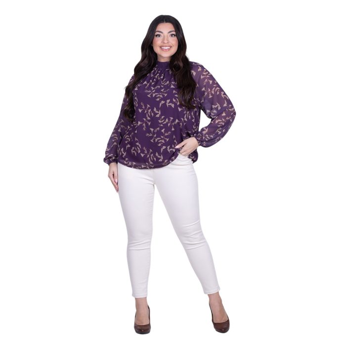 Platinum Μπλούζα Δαμασκηνί Με Εκρού Λουλούδια Μακρυμάνικη Γυναικεία All Day Free Size - 183-GU - Image 5